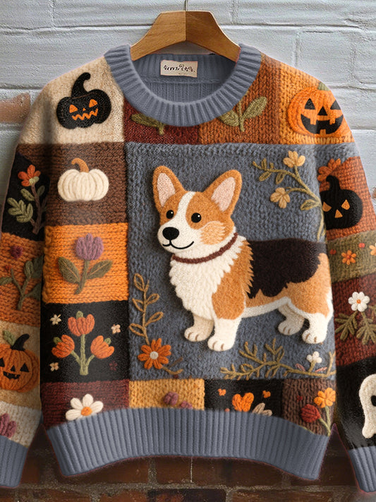 Automne inspiré des femmes Corgi chien feutre Art pull en tricot confortable