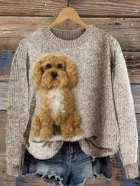 Pull en tricot confortable pour femme Fuzzy Dog Wool Art
