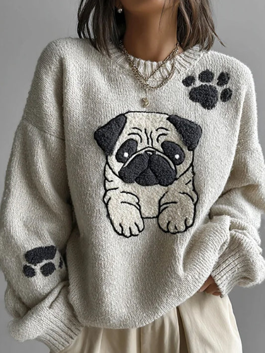 Lovely Cute Pug Broderie Art Loose Cozy Pull en tricot pour femmes