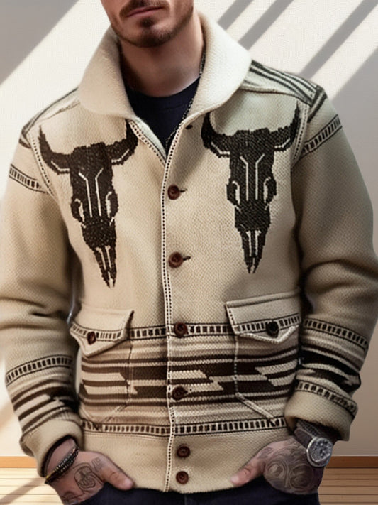 Hommes Hiver Rétro Western Bull Head Motif Châle Col Bouton Pull Cardigan