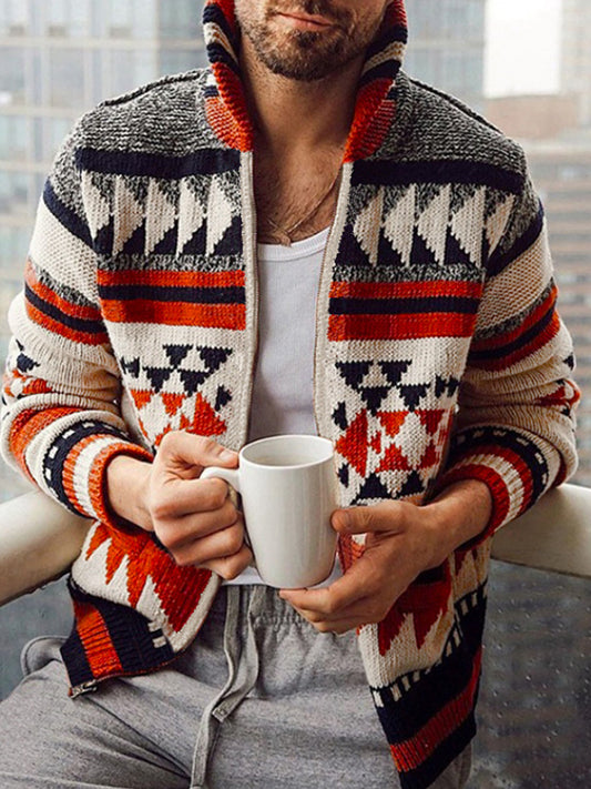 Hommes Hiver Rétro Culture Indienne Géométrique Motif Châle Col Zipper Pull Cardigan
