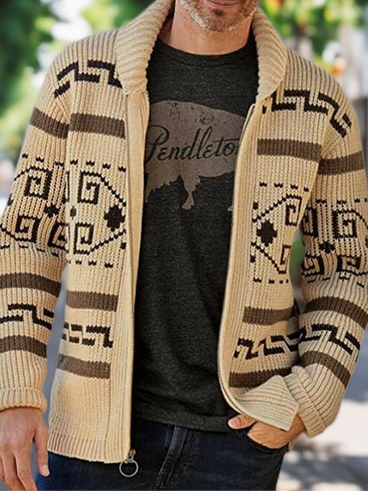 Hommes Hiver Rétro Culture Indienne Géométrique Motif Châle Col Zipper Pull Cardigan