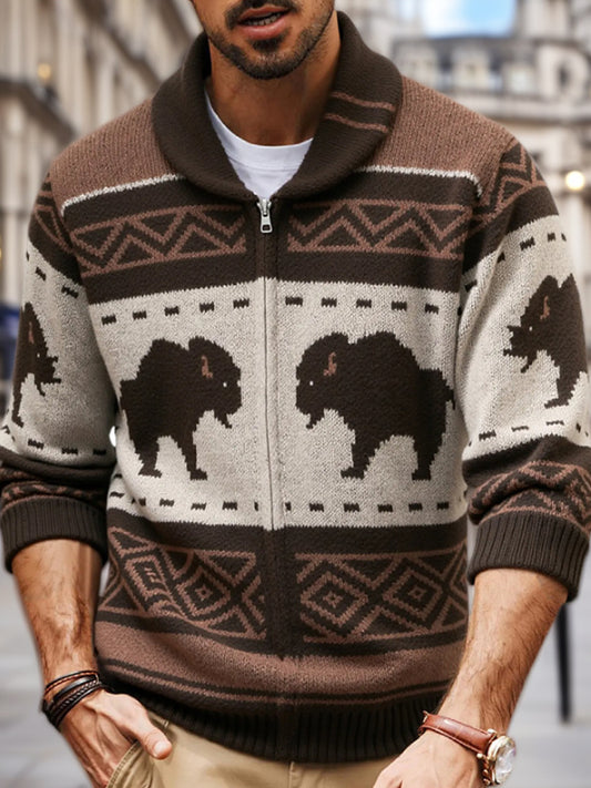 Hommes Hiver Vintage Western Bear Châle Col Zipper Pull Cardigan