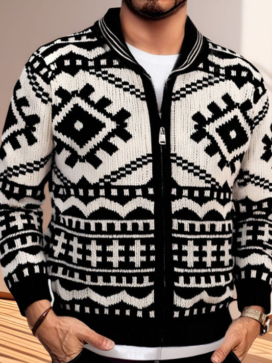 Hommes Hiver Rétro Culture Indienne Géométrique Motif Col Châle Bouton Pull Cardigan