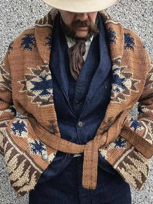 Hommes Hiver Rétro Culture Indienne Géométrique Motif Col Châle Bouton Pull Cardigan