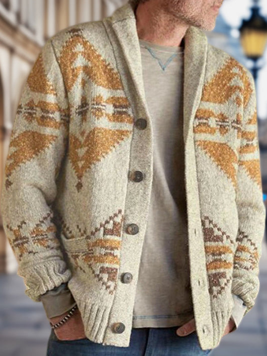 Hommes Hiver Rétro Culture Indienne Géométrique Motif Col Châle Bouton Pull Cardigan