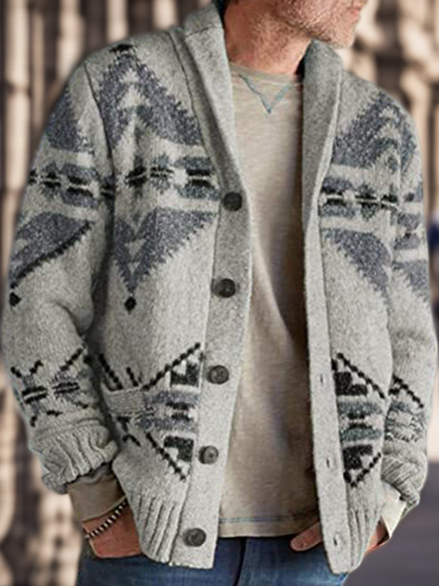 Hommes Hiver Rétro Culture Indienne Géométrique Motif Col Châle Bouton Pull Cardigan