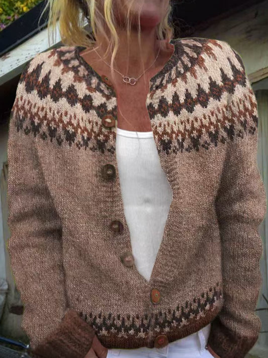 Pull islandais d'hiver pour femmes col rond lâche bouton Cardigan