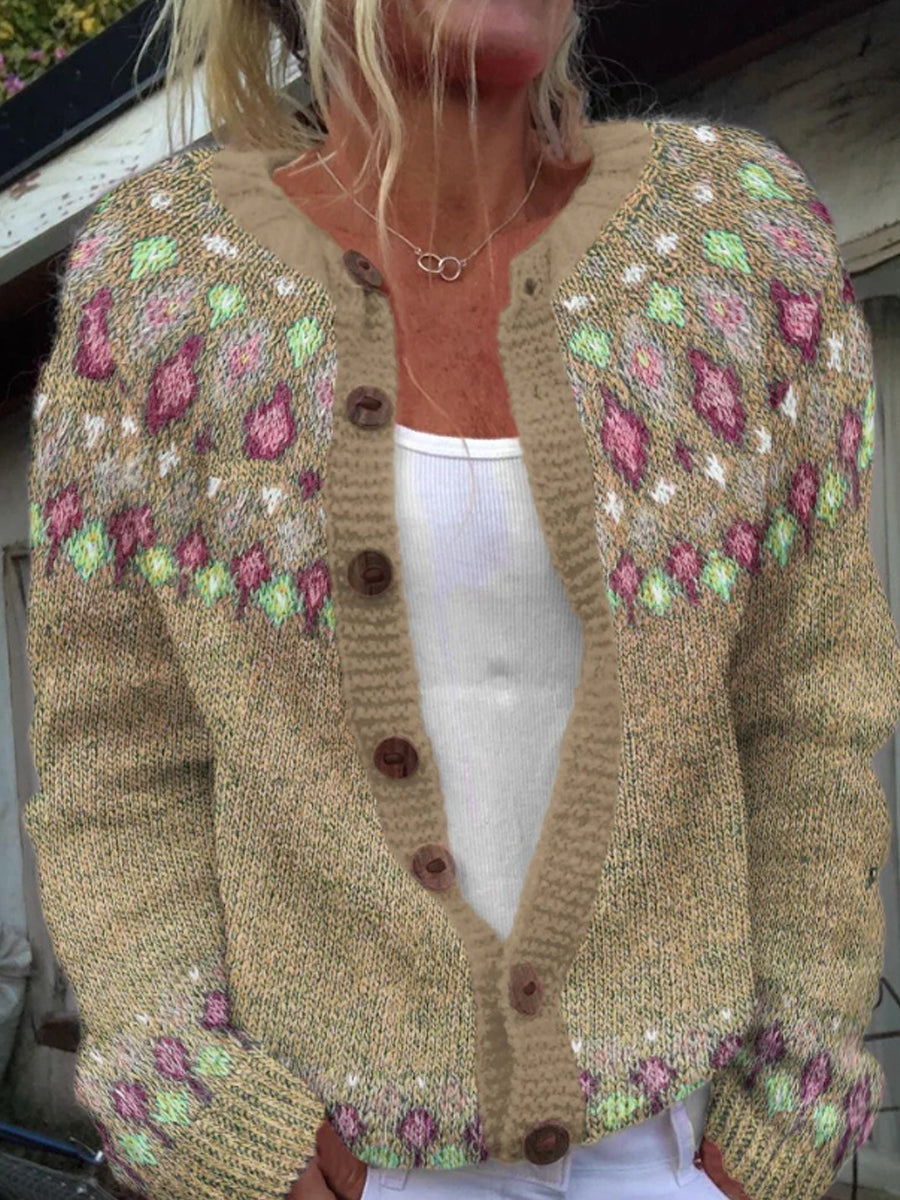 Pull islandais d'hiver pour femmes col rond lâche bouton Cardigan