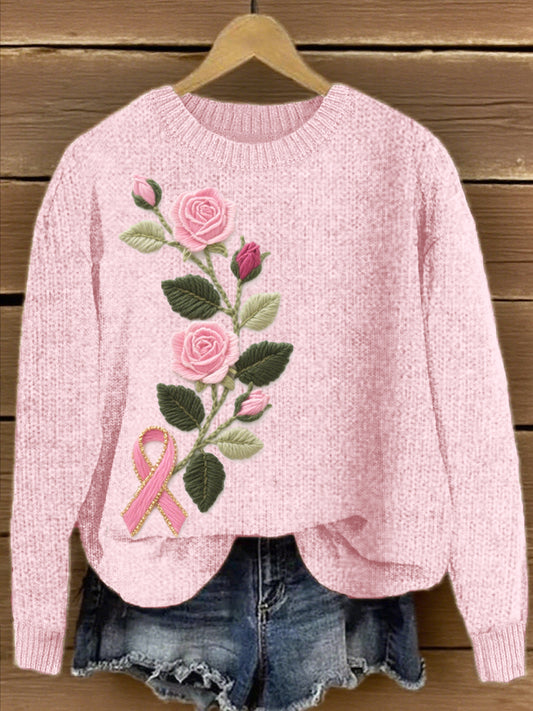 Pull Femme Rose Brodé À Fleurs Et Ruban