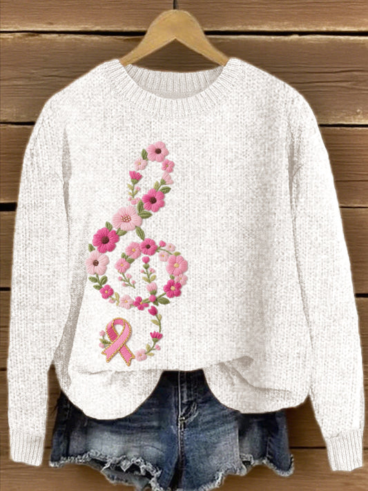 Pull Femme Rose Motif Floral Note De Musique Brodée