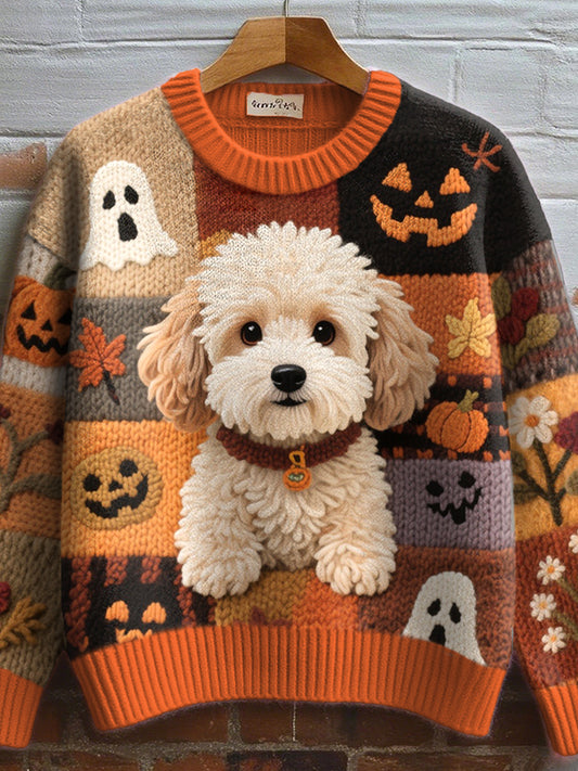 Pull en tricot confortable à motif de chien en fourrure pour femmes