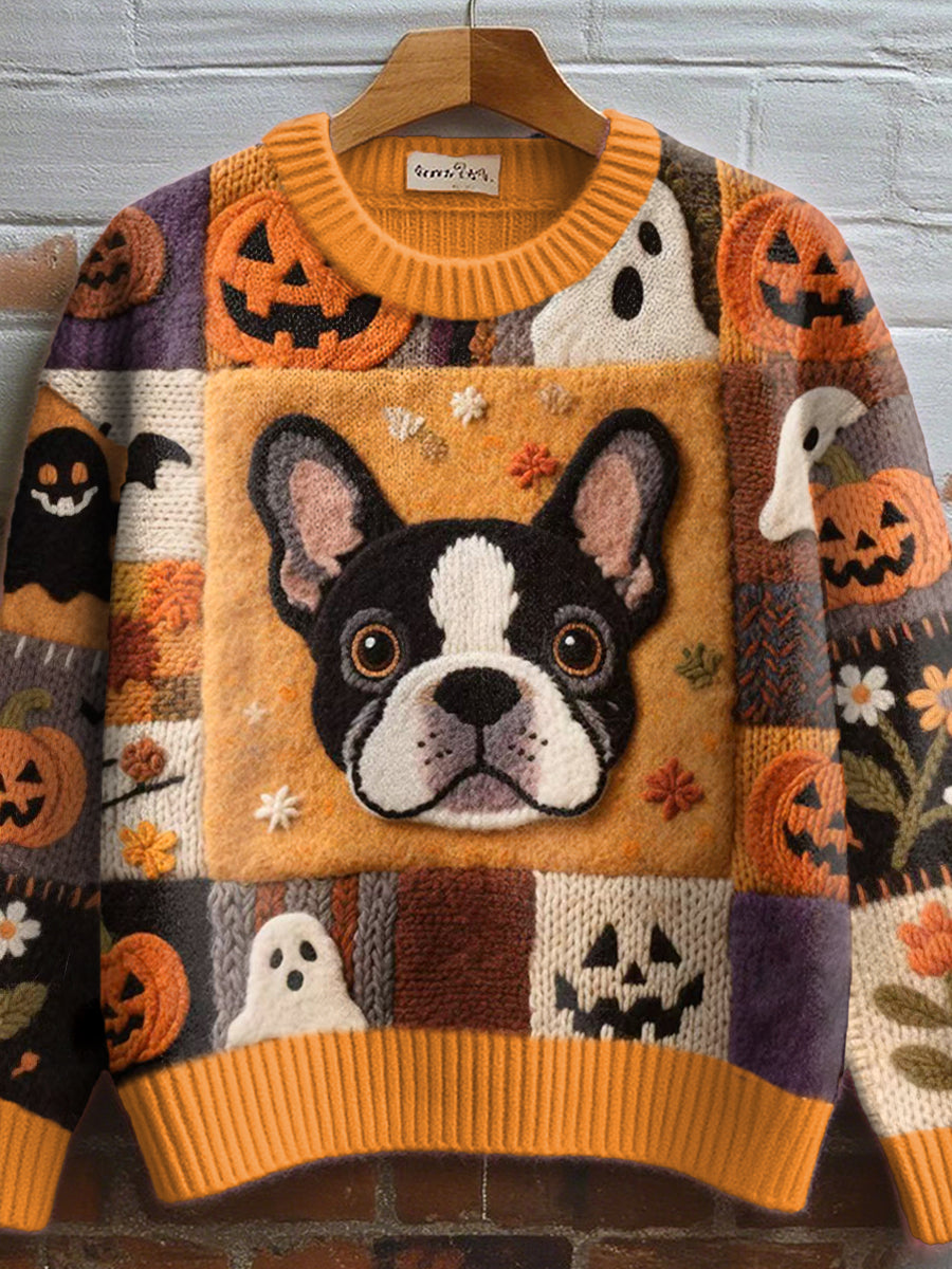 Femmes Bouledogue Français Feutre Art Cozy Pull en tricot