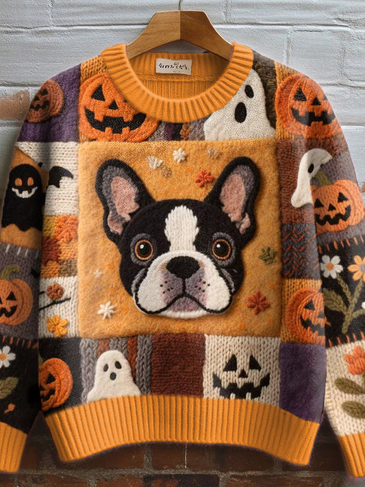 Femmes Bouledogue Français Feutre Art Cozy Pull en tricot