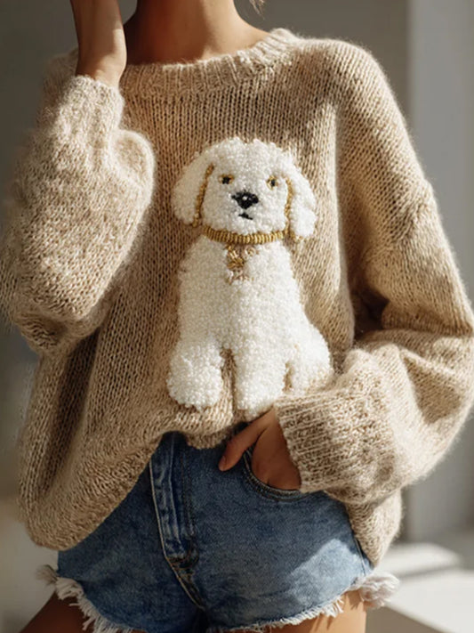 Chandail en tricot confortable en feutre de chien Fuzzy Femme
