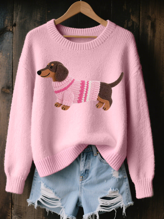 Women's Lovely Dachshund Felt Pattern Cozy Knit Sweater