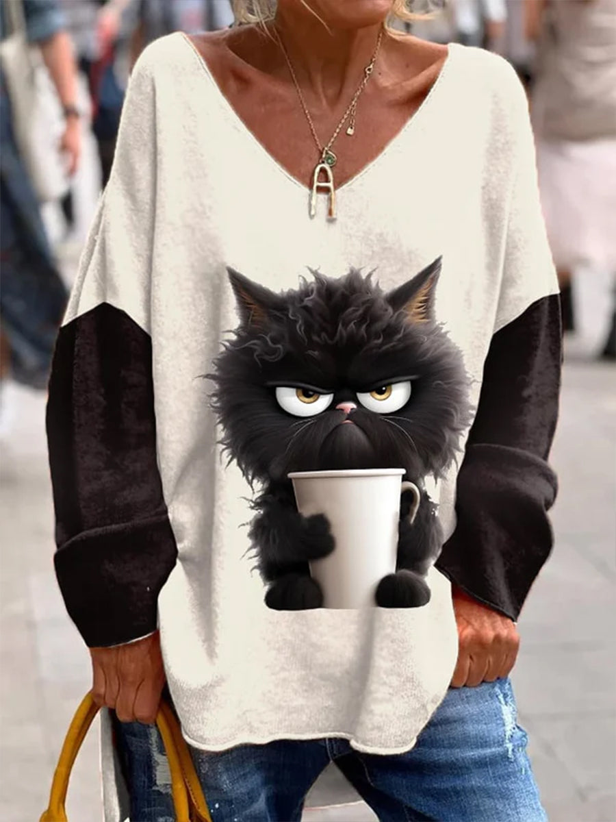 Retro Cat Print à la mode col rond pull haut à manches longues