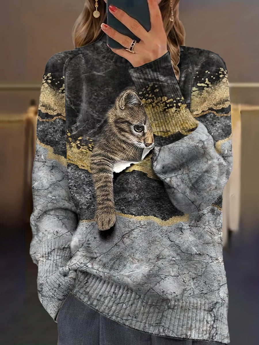 Vintage Cat Art Imprimer à manches longues Chunky Pull en tricot