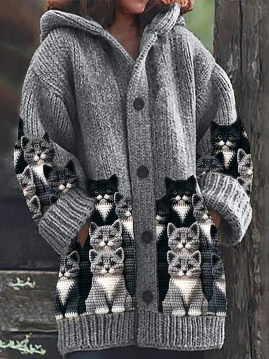 Rétro Mignon Pet Imprimer Bouton Épais À Manches Longues À Capuche Cardigan Pull