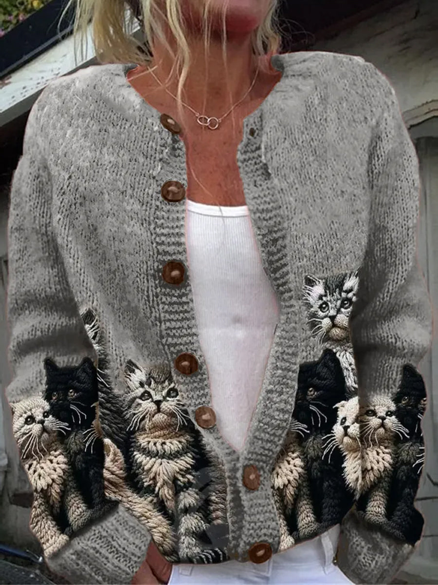 Élégant Rétro Chat Imprimé Boutonné Décontracté À Manches Longues En Tricot Cardigan Pull