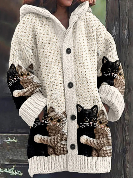 Mignon Chat Imprimer Bouton Épais À Manches Longues À Capuche Cardigan Pull