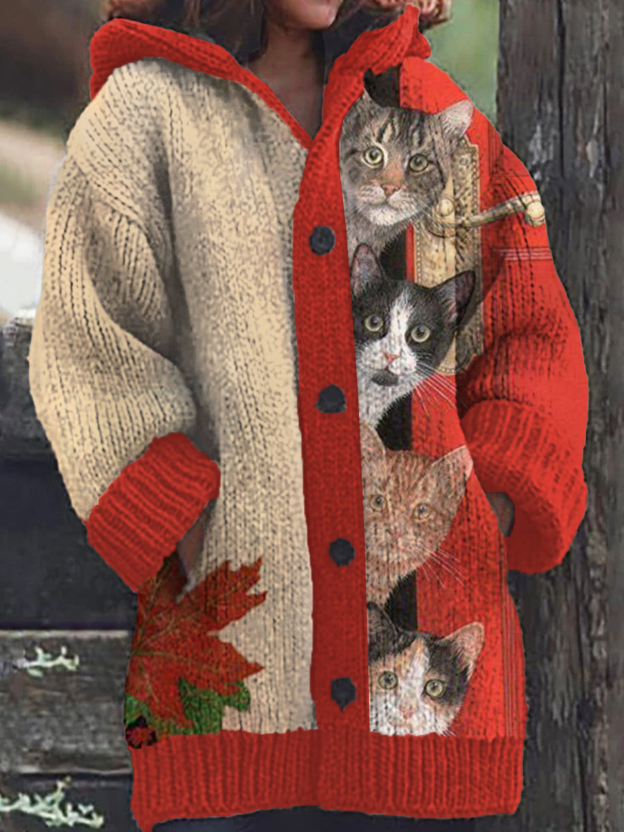 Cardigan à capuche décontracté à motif de chat amusant pour femmes