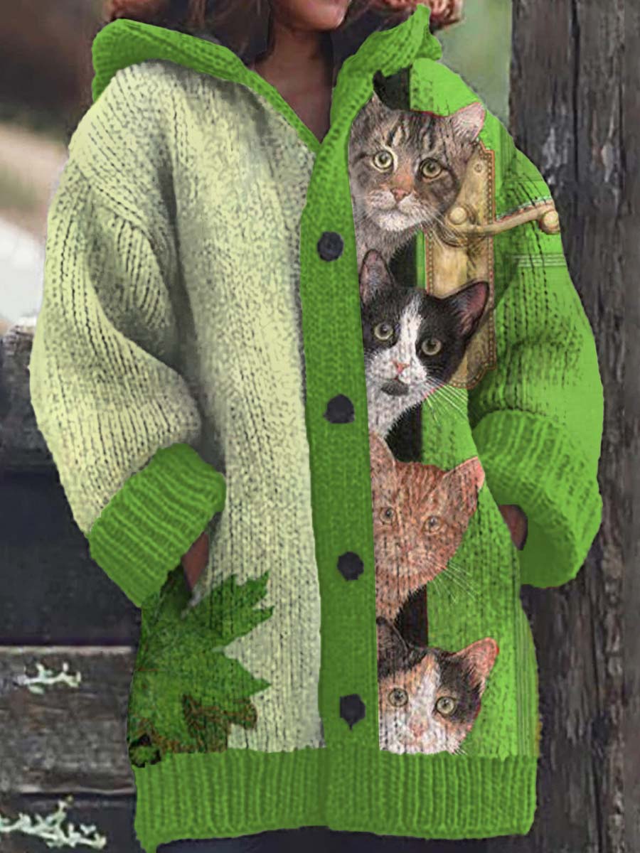 Cardigan à capuche décontracté à motif de chat amusant pour femmes