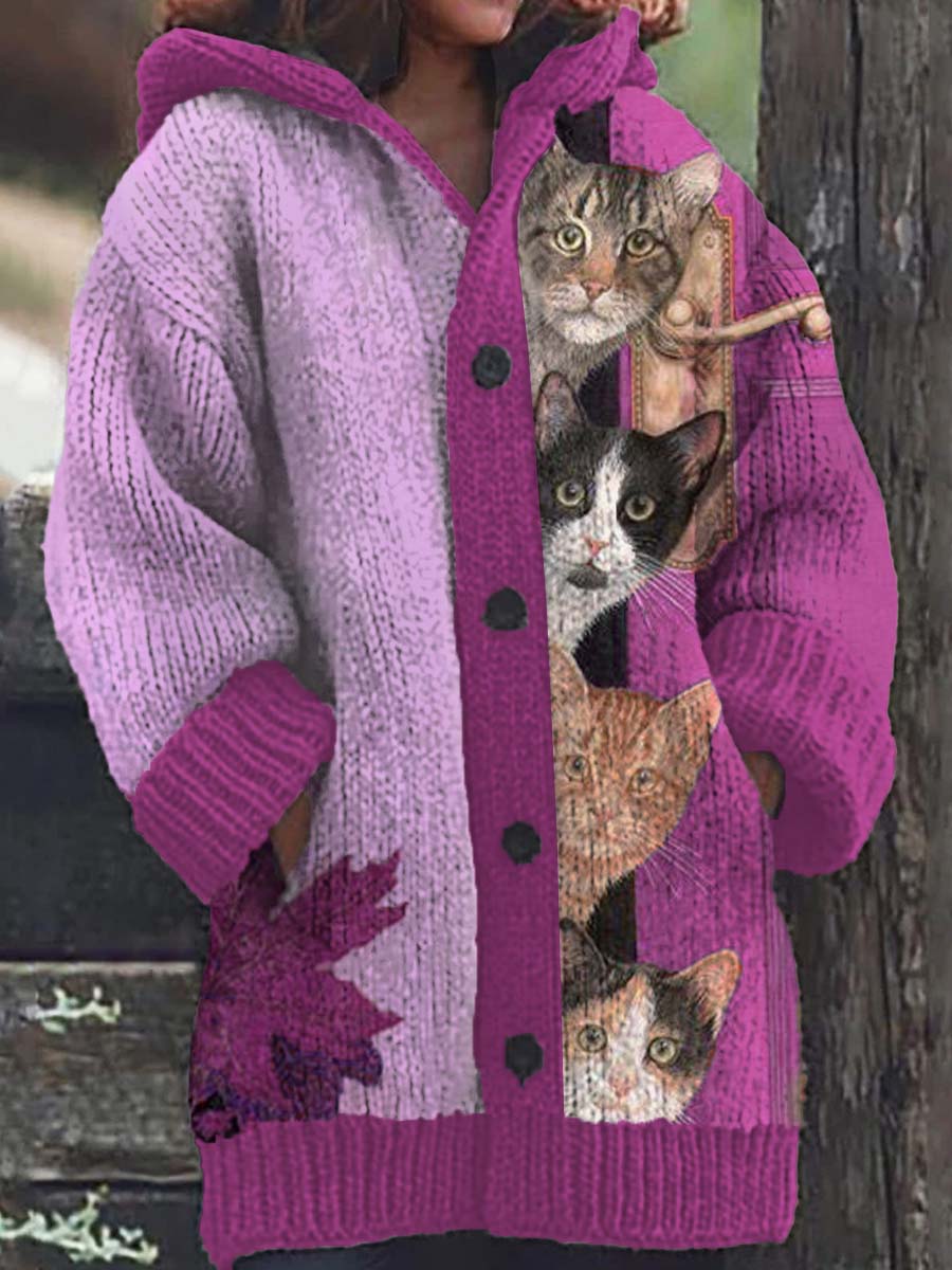 Cardigan à capuche décontracté à motif de chat amusant pour femmes