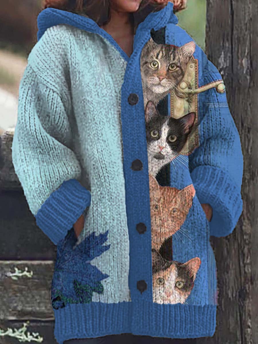 Cardigan à capuche décontracté à motif de chat amusant pour femmes