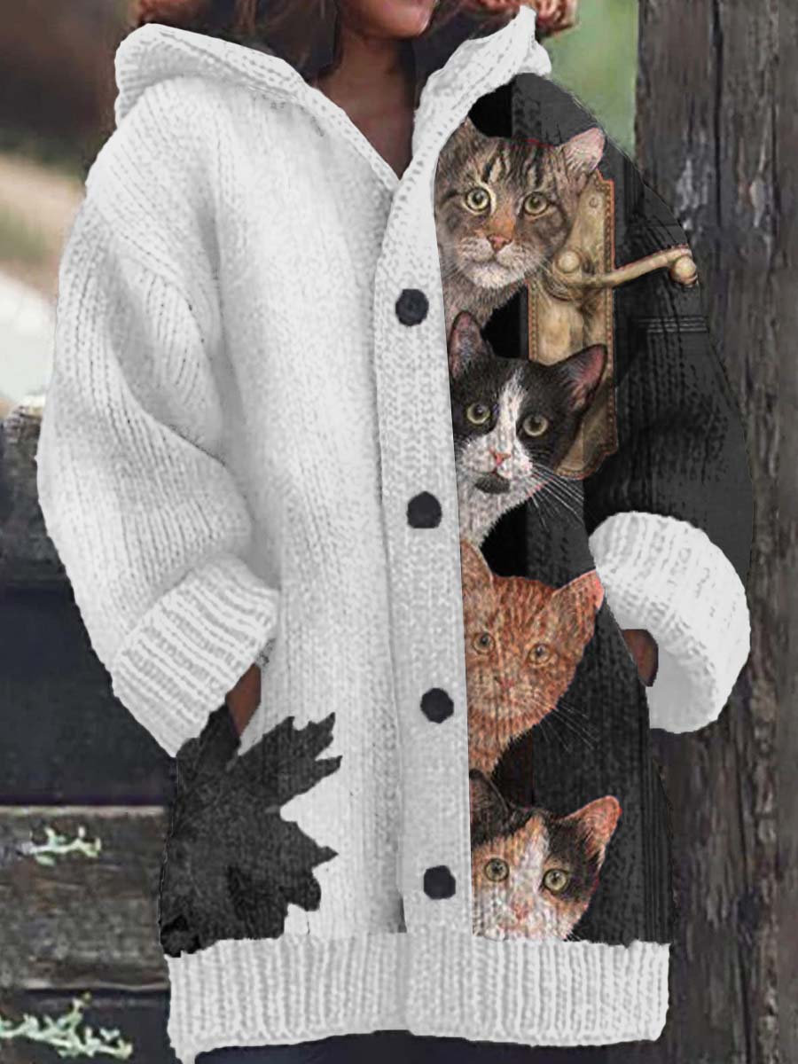 Cardigan à capuche décontracté à motif de chat amusant pour femmes