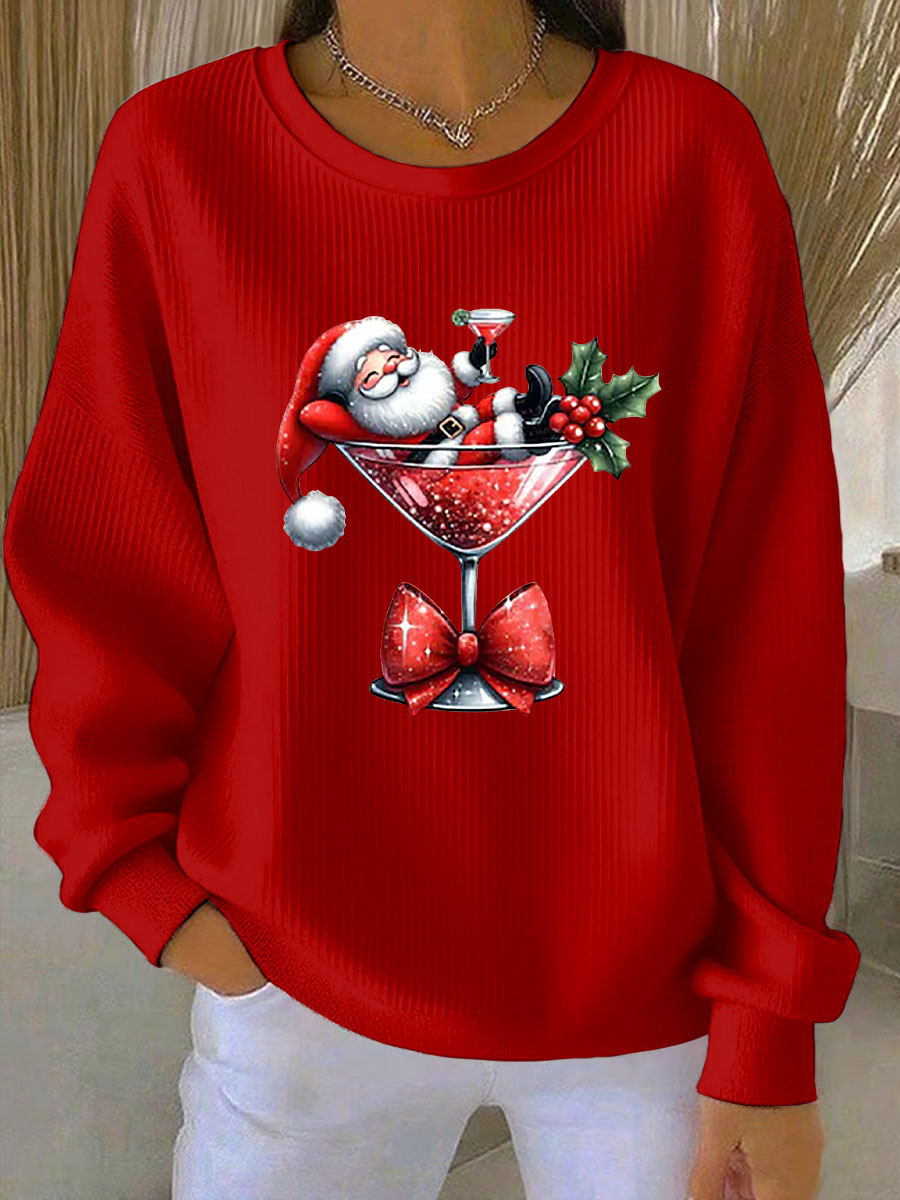 Sweat Femme Côtelé Imprimé Père Noël à Col Rond