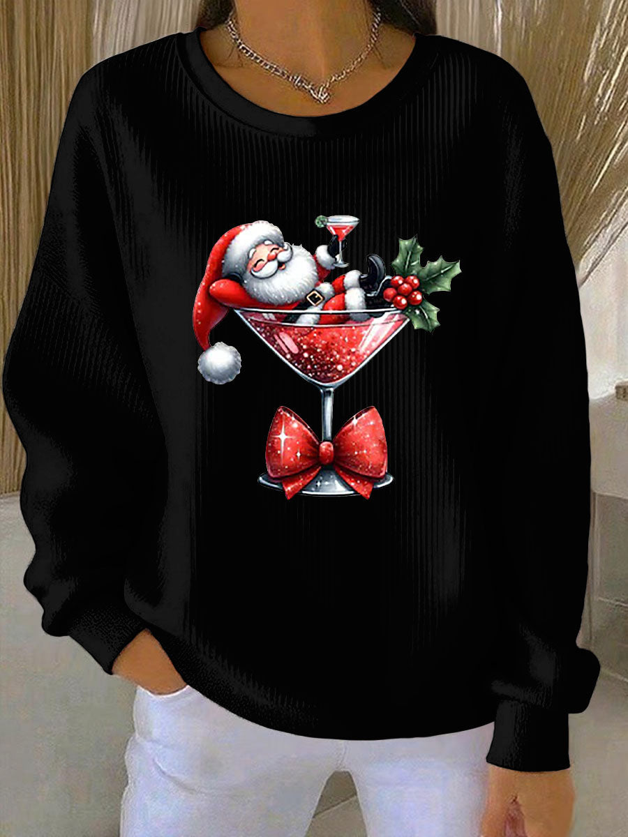Sweat Femme Côtelé Imprimé Père Noël à Col Rond