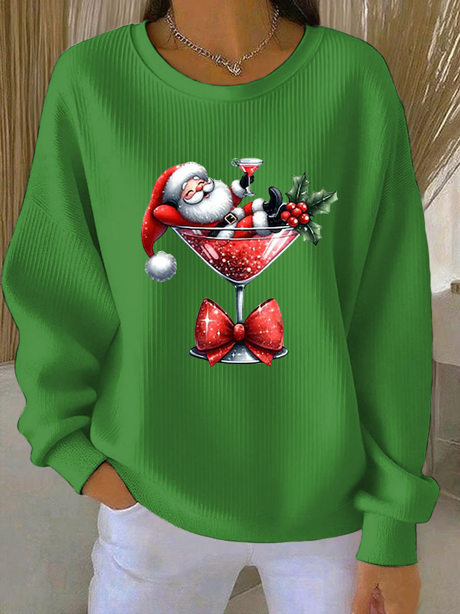 Sweat Femme Côtelé Imprimé Père Noël à Col Rond