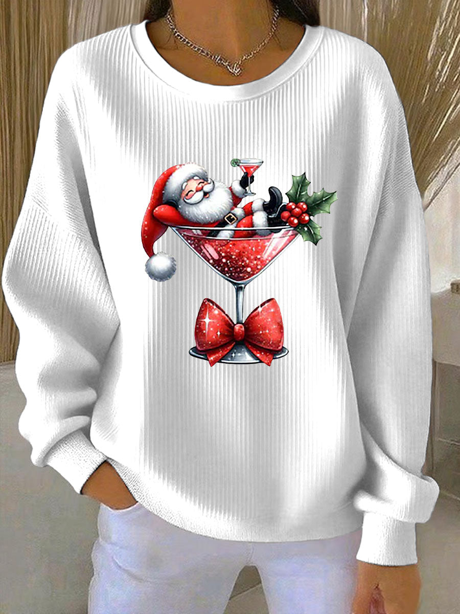 Sweat Femme Côtelé Imprimé Père Noël à Col Rond