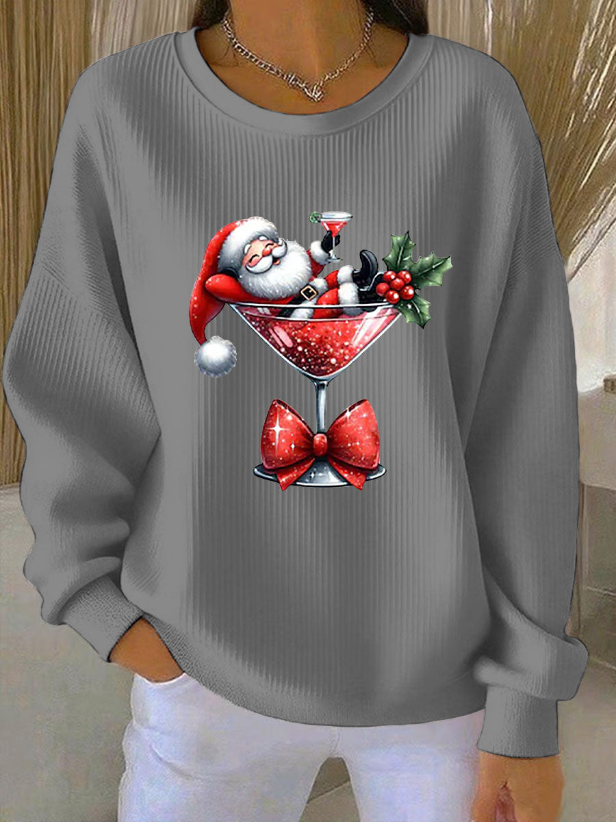 Sweat Femme Côtelé Imprimé Père Noël à Col Rond