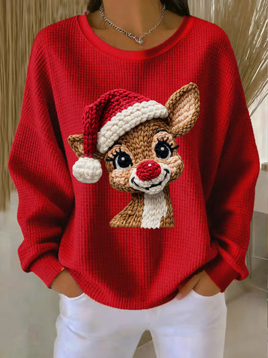 Haut décontracté imprimé gaufré de renne de Noël pour femmes