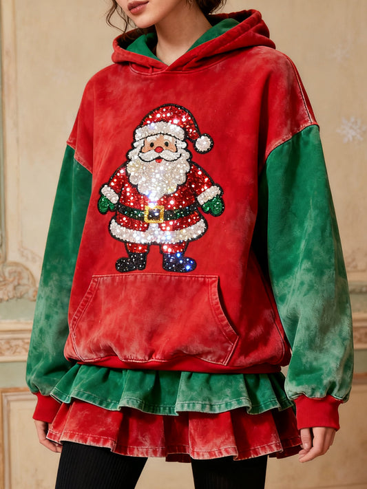 Sweat à capuche vintage pour femmes brillant motif de noël santa