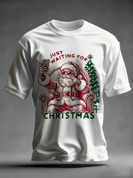 Funny Christmas Santa Claus juste en attente pour les hommes T-shirt décontracté imprimé de Noël