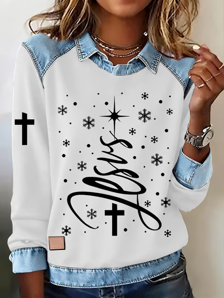 Sweat-shirt décontracté à manches longues pour femmes Christmas Faith Cross Print