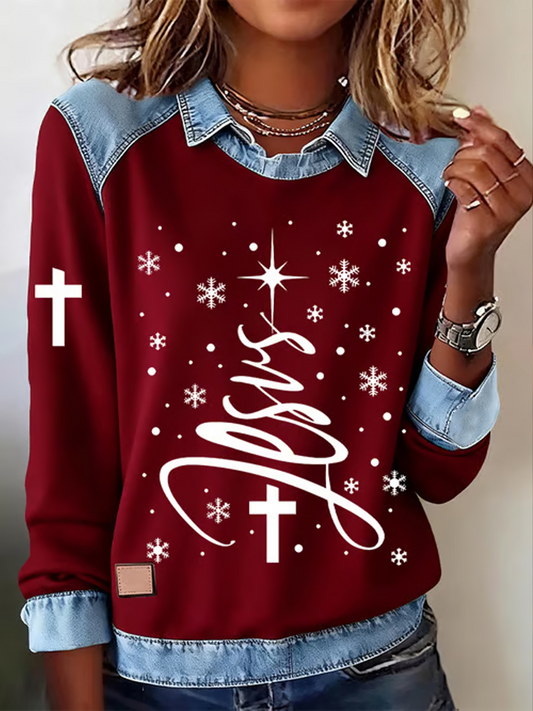 Sweat-shirt décontracté à manches longues pour femmes Christmas Faith Cross Print