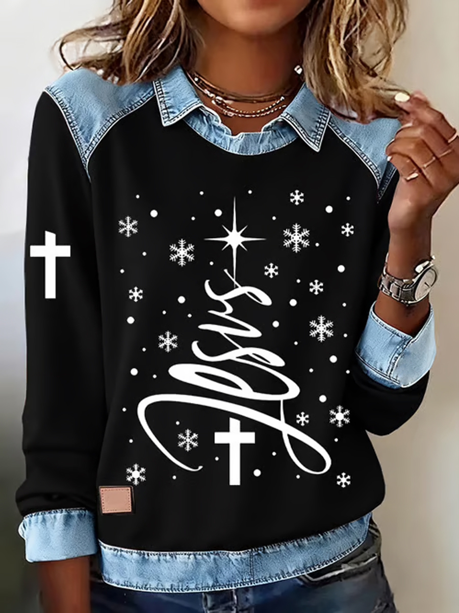 Sweat-shirt décontracté à manches longues pour femmes Christmas Faith Cross Print