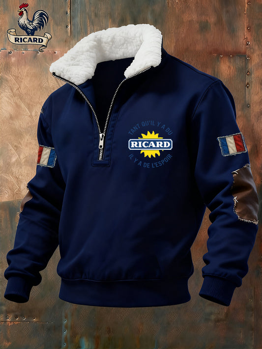 Sweat-shirt à col en fourrure zippé décontracté Ricard pour homme, drapeau français vintage