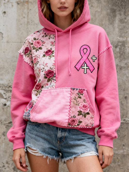 Sweat à Capuche Femme Rose Patchwork Brodé Ruban