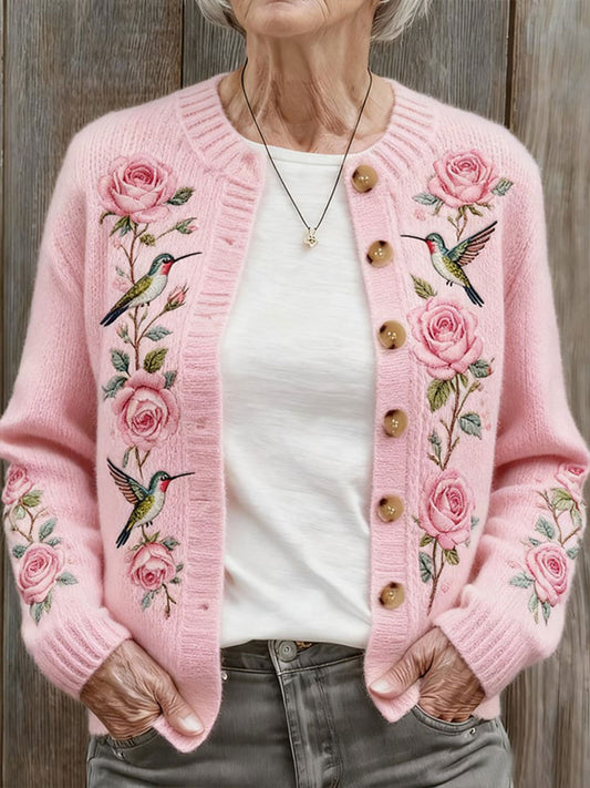 Femmes Automne Et Hiver Rose Colibri Floral Confortable Chaud Pull Cardigan