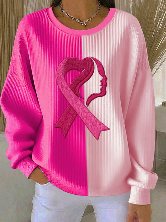 Women's Breast Cancer Awareness Print Sweatshirt côtelé col rond