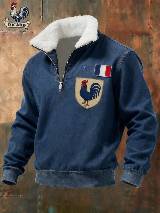 Sweat-shirt à col en fourrure zippé décontracté Ricard pour homme, drapeau français vintage