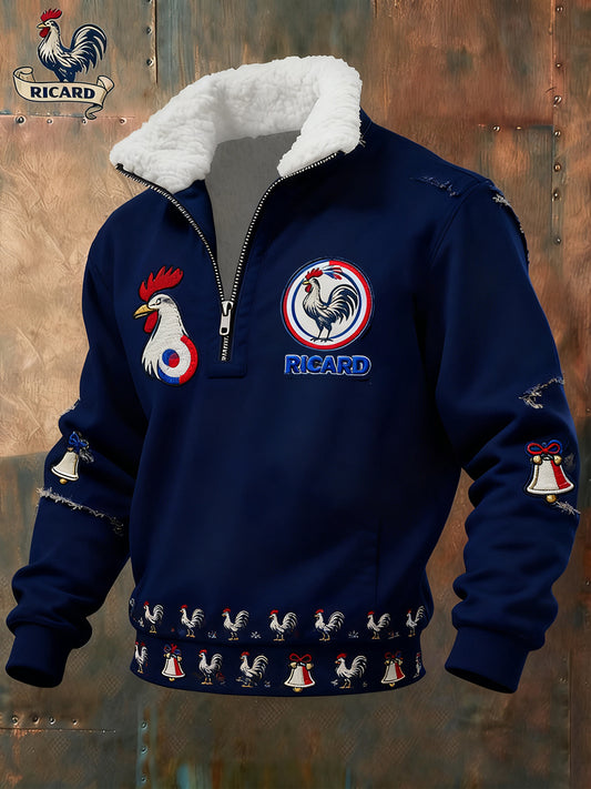 Sweat-shirt à col en fourrure zippé décontracté Ricard pour homme, drapeau français vintage