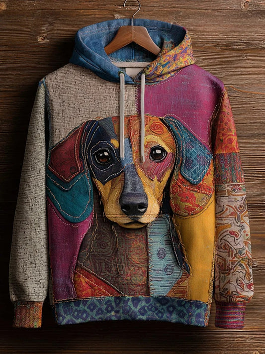 Sweat à Capuche Décontracté Vintage Patchwork Chien Imprimé Art