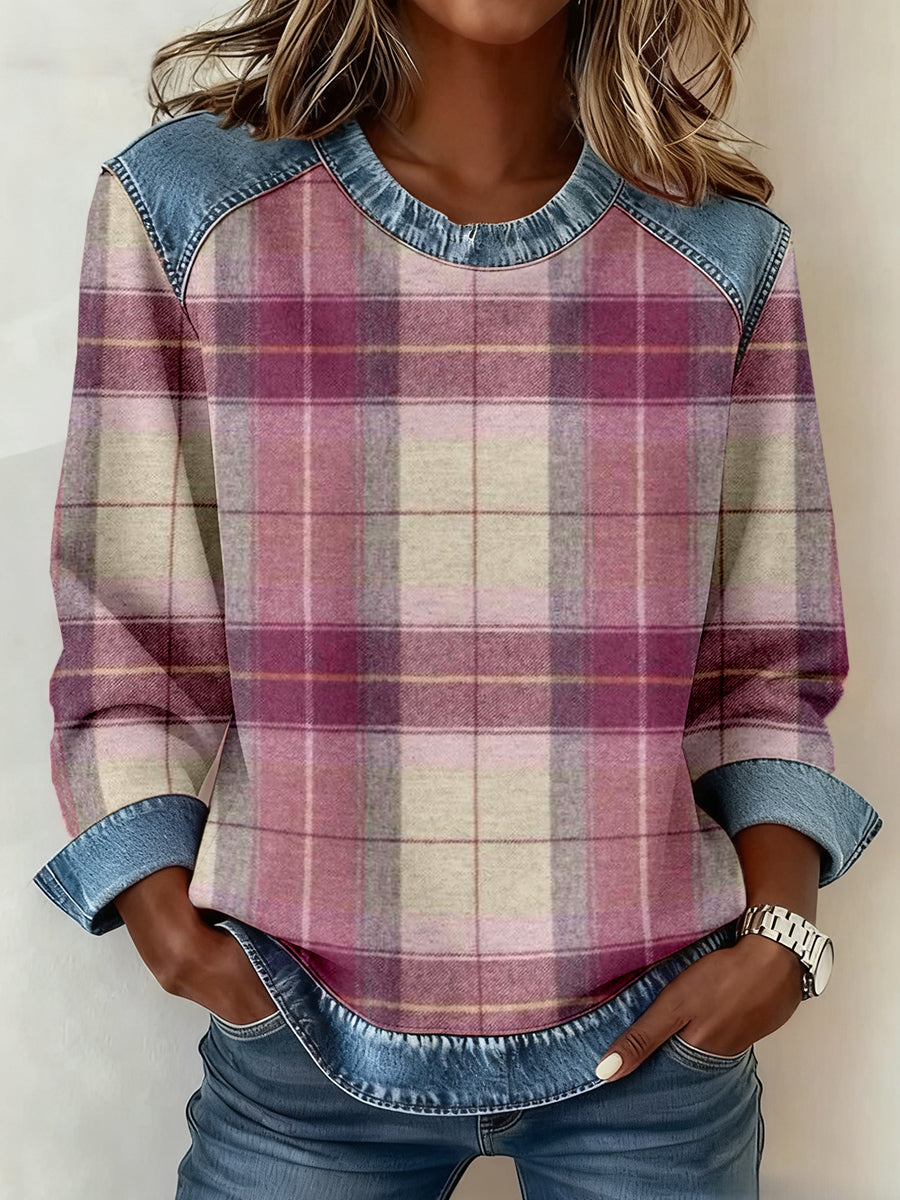 Vintage Plaid Pattern Denim Patchwork Sweatshirt Femme