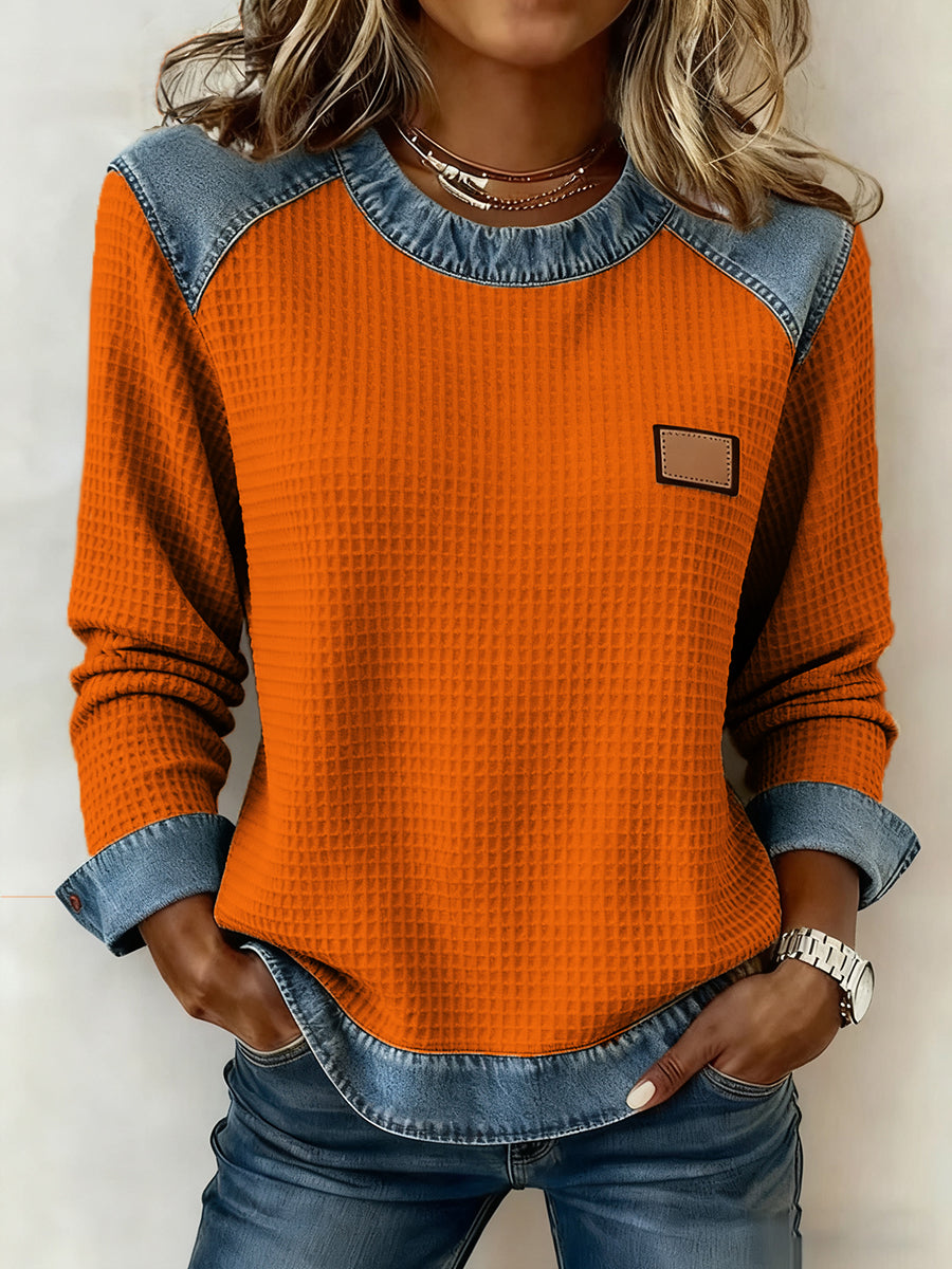 La mode Patchwork Design Waffle Sweatshirt des femmes